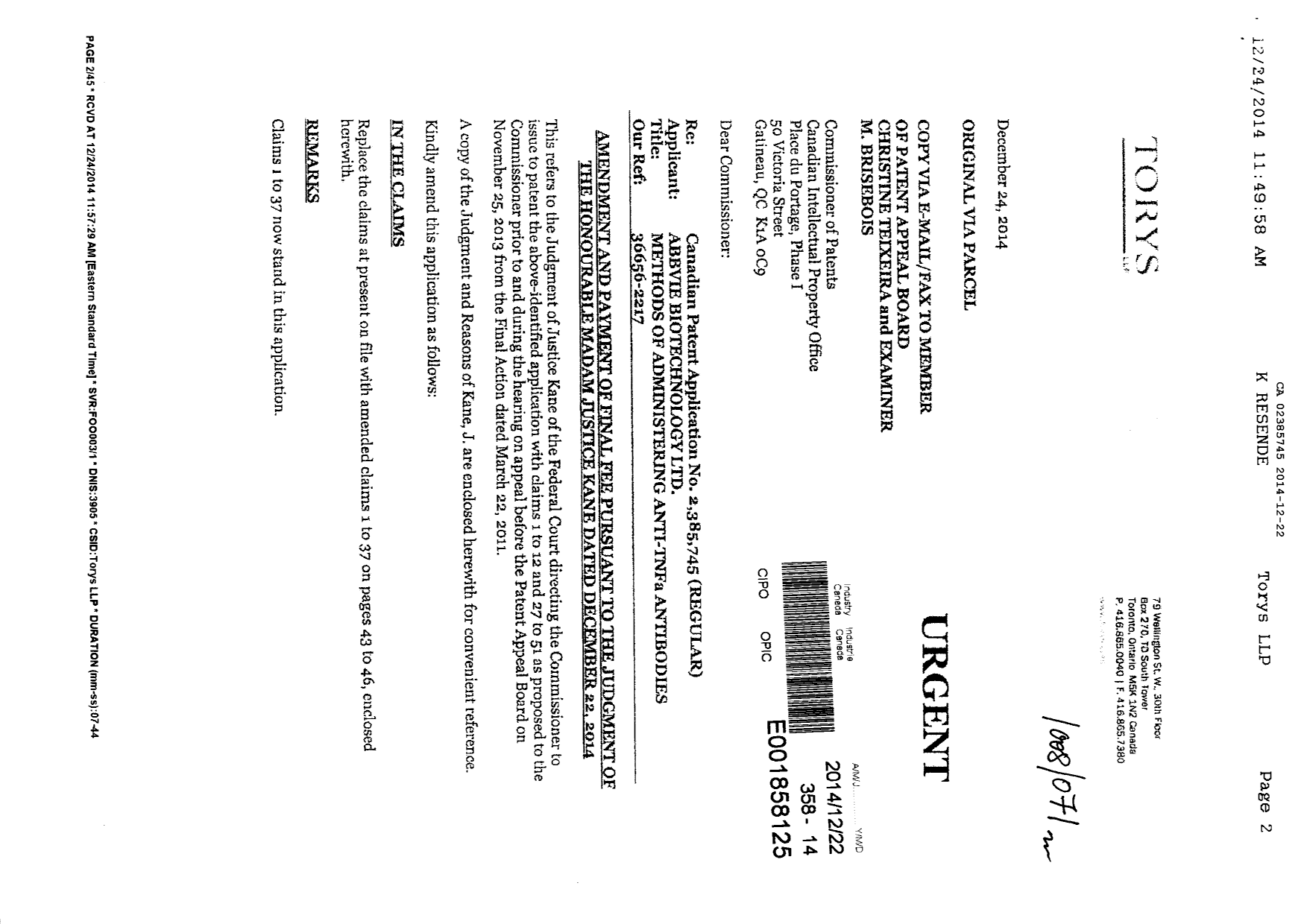 Document de brevet canadien 2385745. Poursuite-Amendment 20131222. Image 1 de 61
