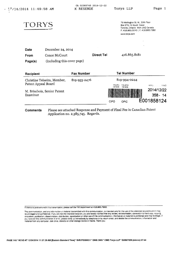 Document de brevet canadien 2385745. Poursuite-Amendment 20131222. Image 61 de 61