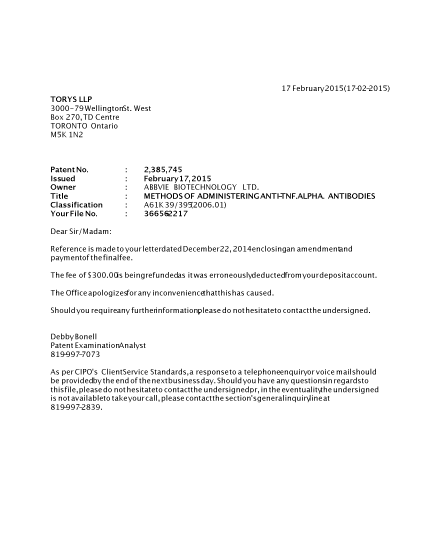Document de brevet canadien 2385745. Correspondance 20141217. Image 1 de 1