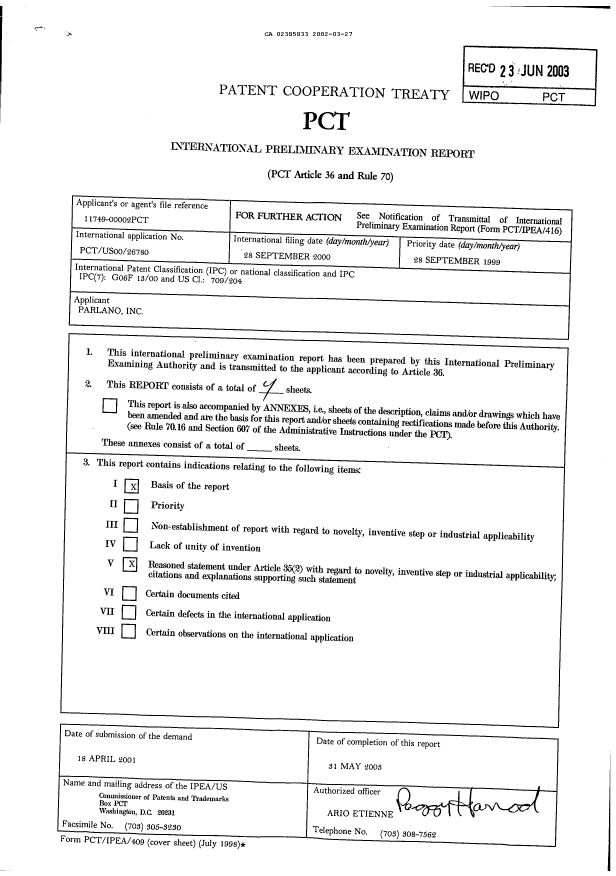Document de brevet canadien 2385833. PCT 20020327. Image 1 de 4