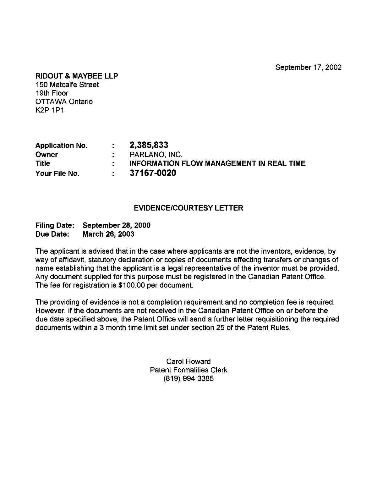 Canadian Patent Document 2385833. Correspondence 20020913. Image 1 of 1