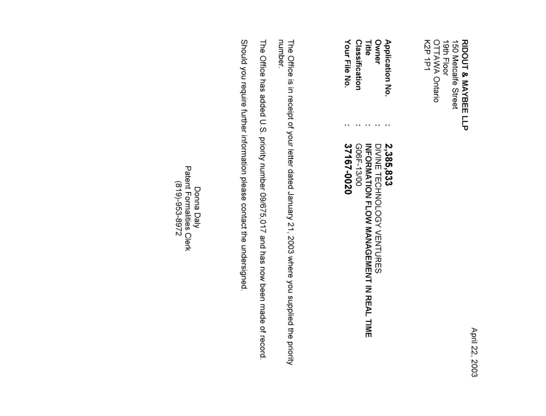 Canadian Patent Document 2385833. Correspondence 20030415. Image 1 of 1