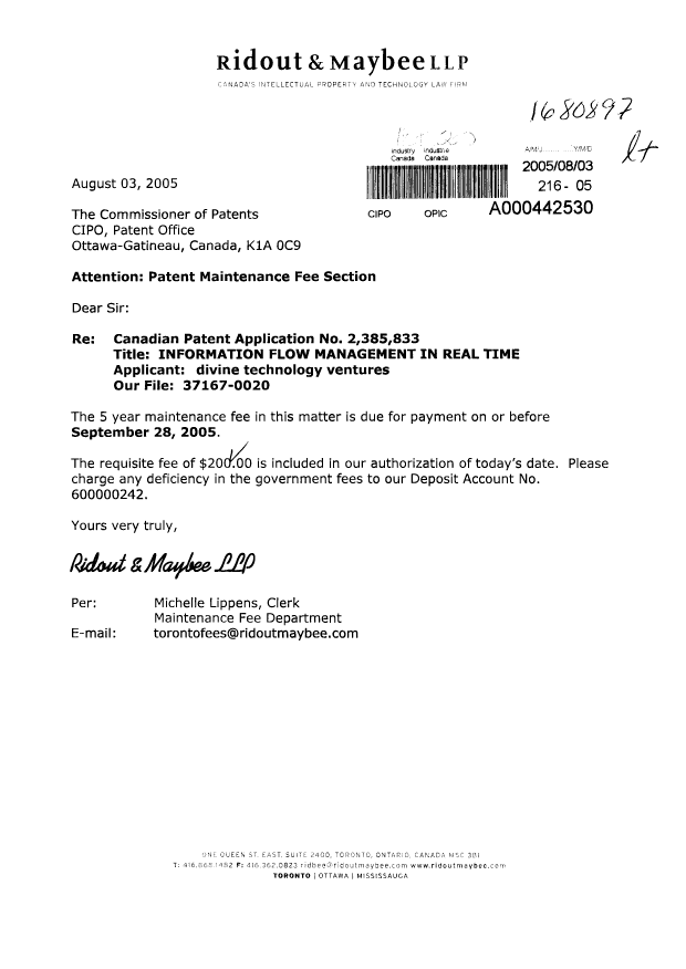 Canadian Patent Document 2385833. Fees 20050803. Image 1 of 1