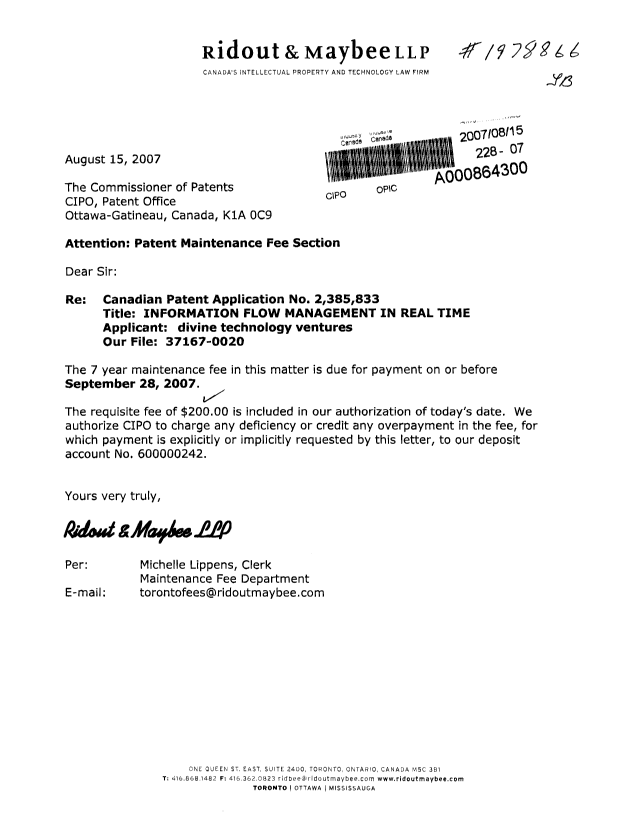 Document de brevet canadien 2385833. Taxes 20070815. Image 1 de 1