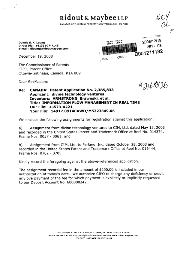 Document de brevet canadien 2385833. Cession 20081219. Image 1 de 11