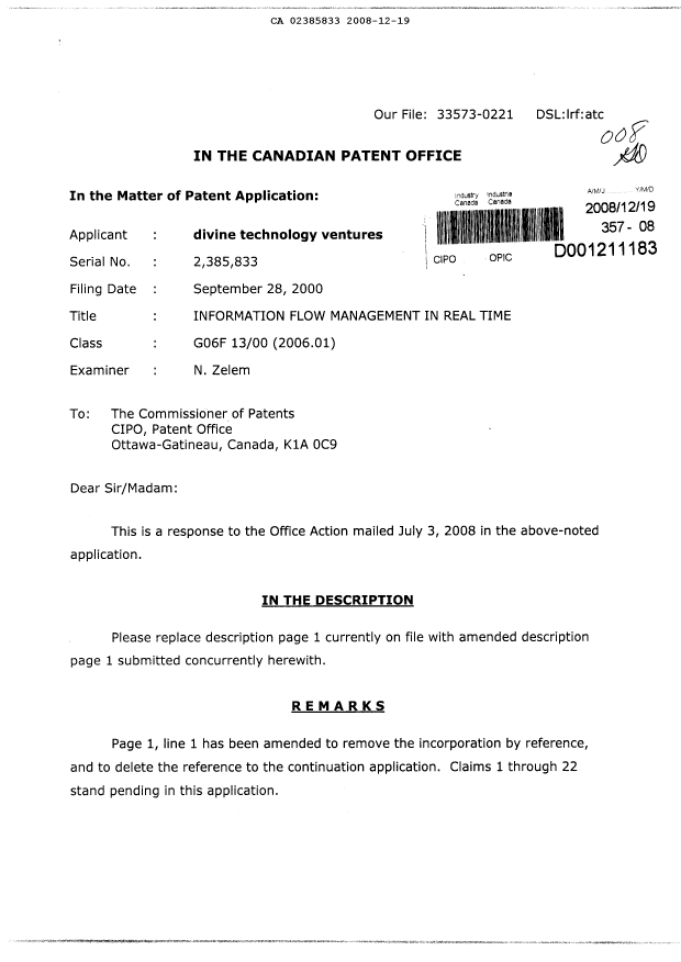 Document de brevet canadien 2385833. Poursuite-Amendment 20081219. Image 1 de 6