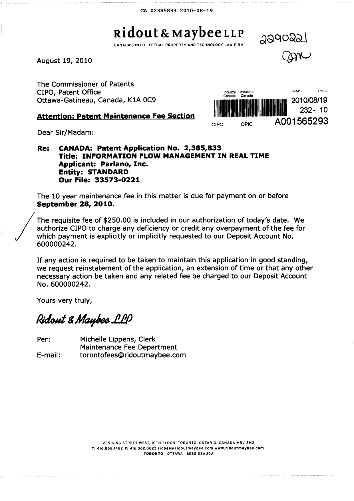 Canadian Patent Document 2385833. Fees 20100819. Image 1 of 1