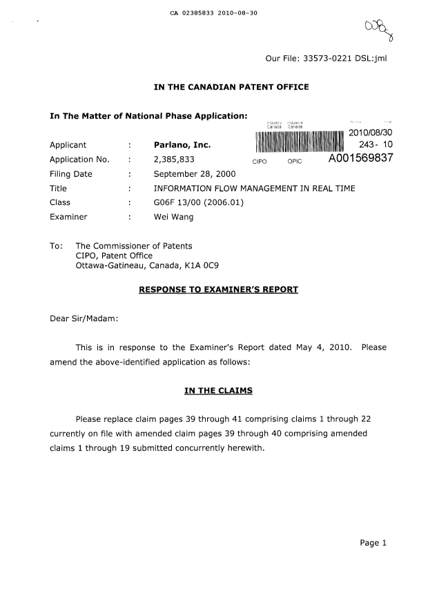 Canadian Patent Document 2385833. Prosecution-Amendment 20100830. Image 1 of 9