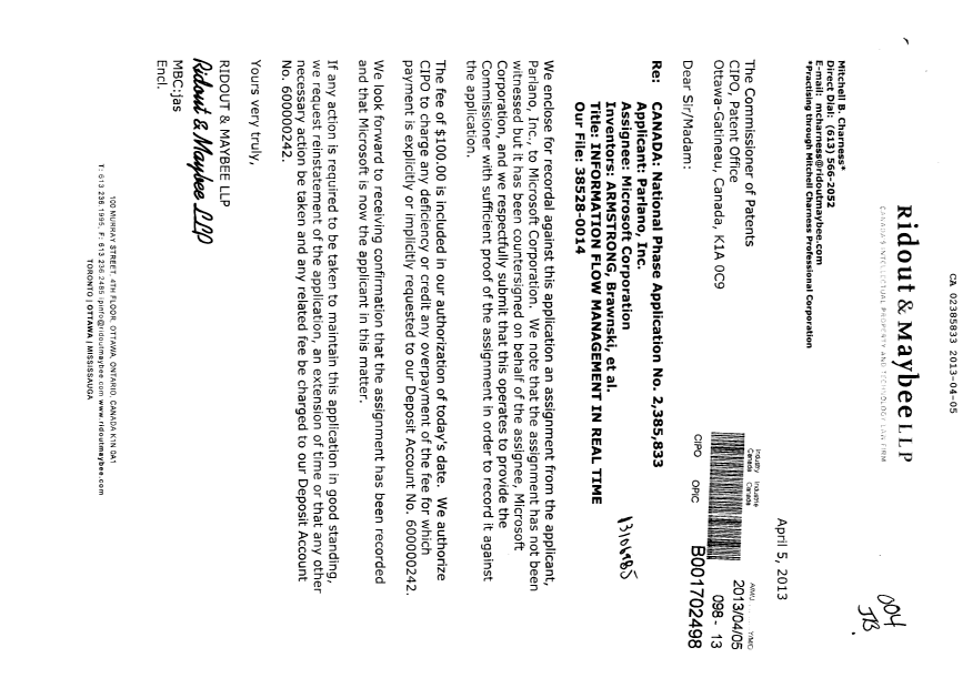 Canadian Patent Document 2385833. Assignment 20130405. Image 1 of 4
