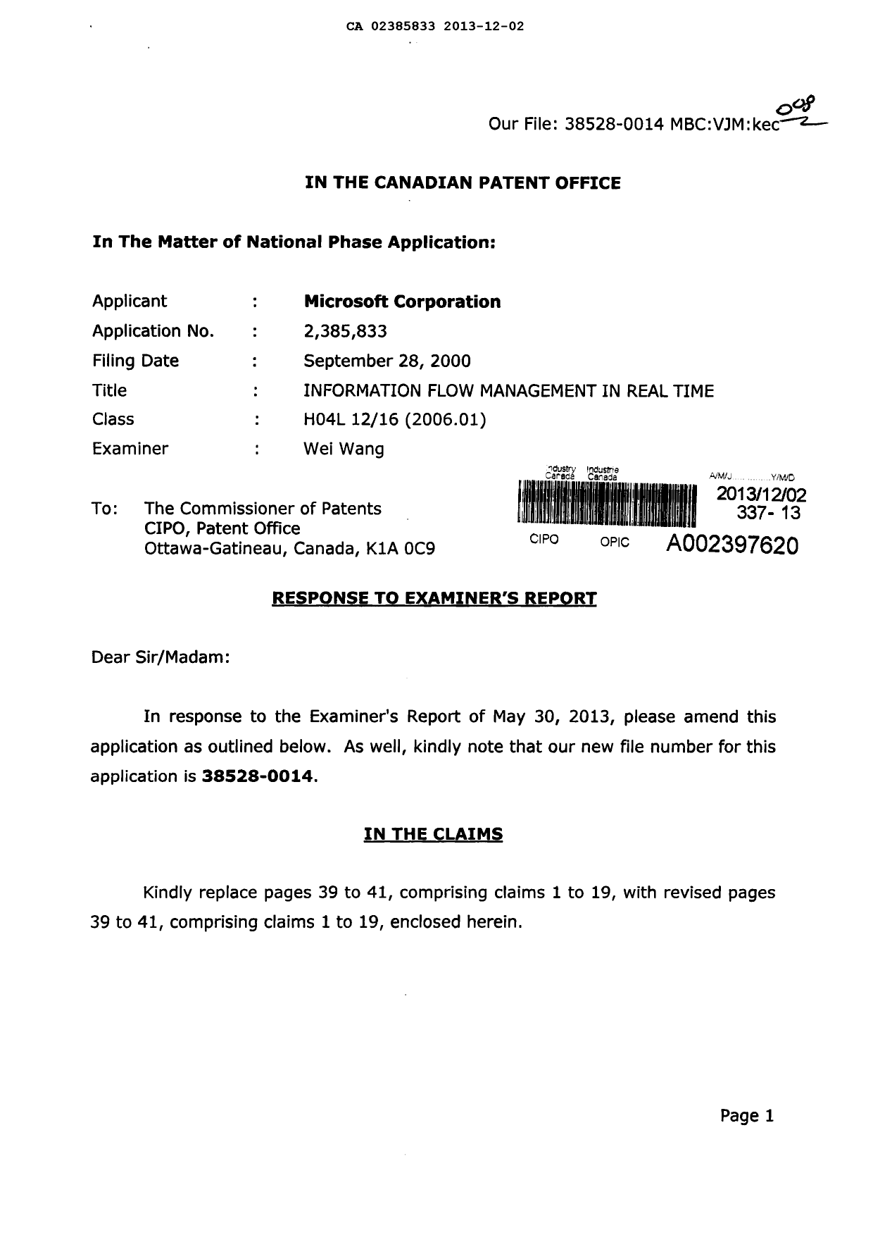 Canadian Patent Document 2385833. Prosecution-Amendment 20131202. Image 1 of 11