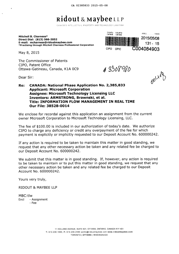 Canadian Patent Document 2385833. Assignment 20150508. Image 1 of 3