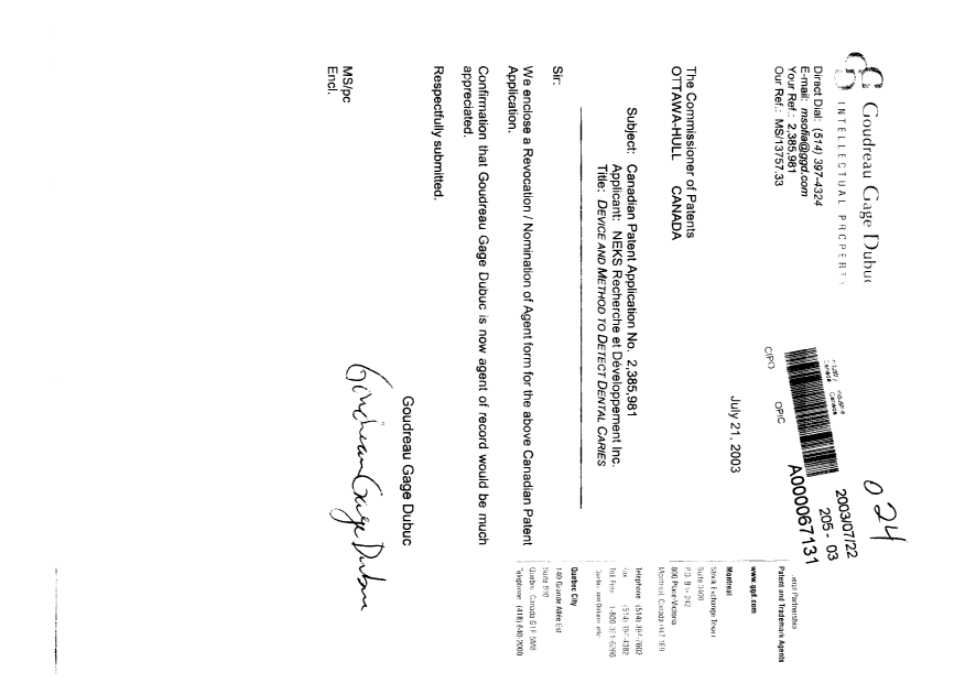 Document de brevet canadien 2385981. Correspondance 20030722. Image 1 de 2