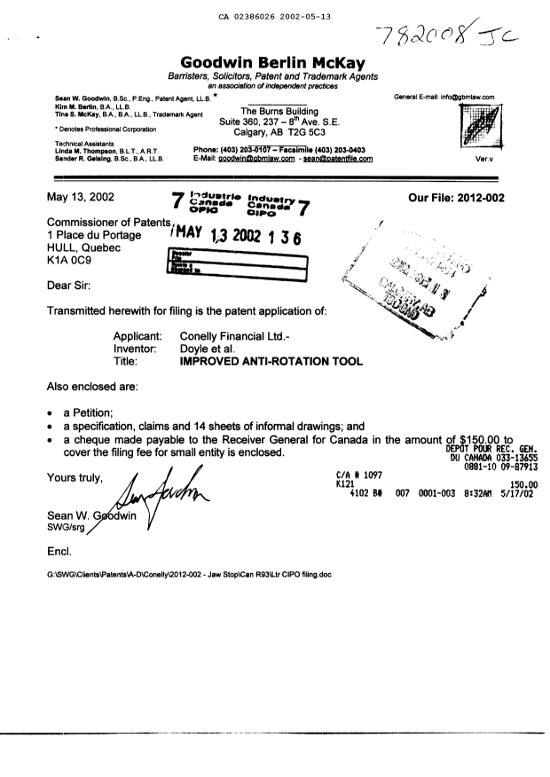 Document de brevet canadien 2386026. Cession 20020513. Image 1 de 3