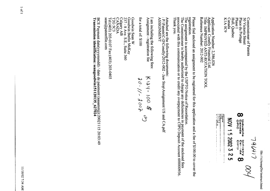 Document de brevet canadien 2386026. Cession 20021115. Image 1 de 7