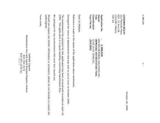 Canadian Patent Document 2386026. Correspondence 20051226. Image 1 of 1