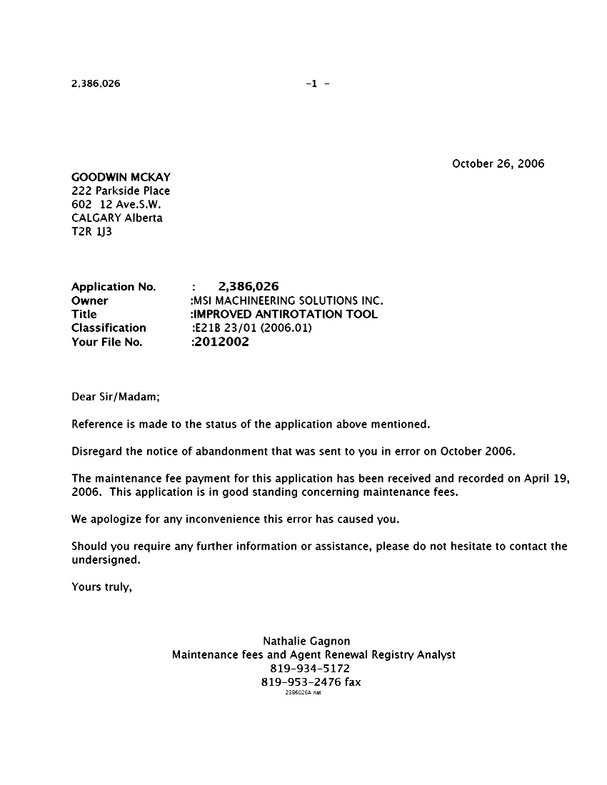 Document de brevet canadien 2386026. Correspondance 20051226. Image 1 de 1