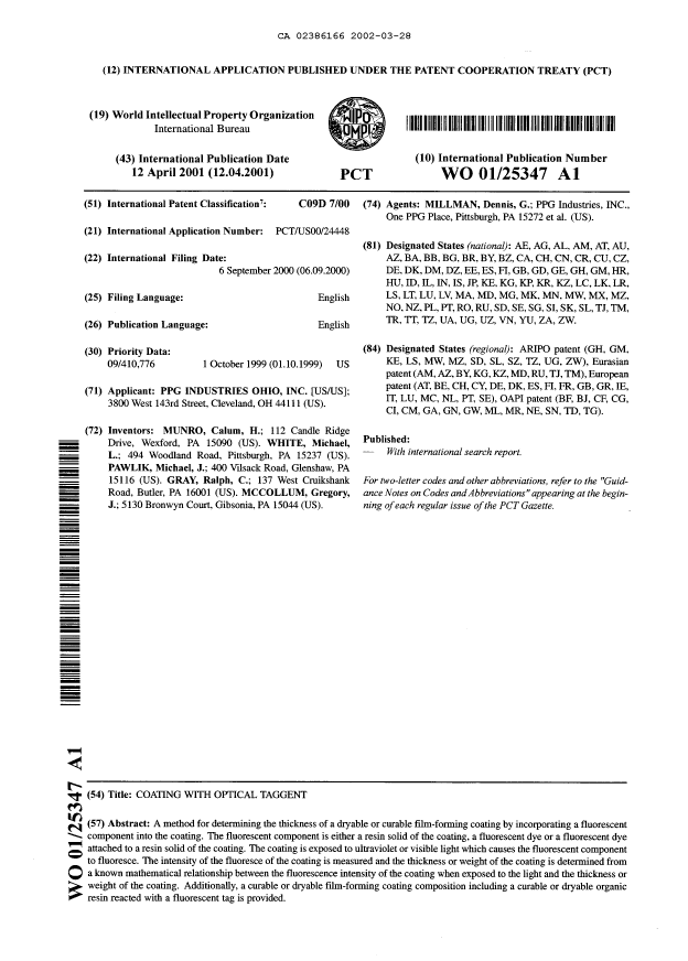 Document de brevet canadien 2386166. Abrégé 20020328. Image 1 de 1