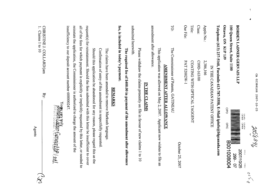 Canadian Patent Document 2386166. Prosecution-Amendment 20071025. Image 1 of 3