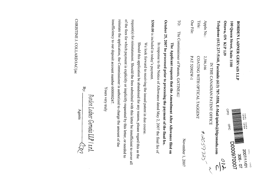 Canadian Patent Document 2386166. Correspondence 20071101. Image 1 of 1