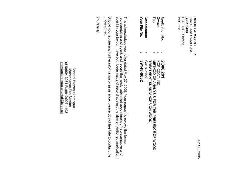 Document de brevet canadien 2386201. Correspondance 20050608. Image 1 de 1