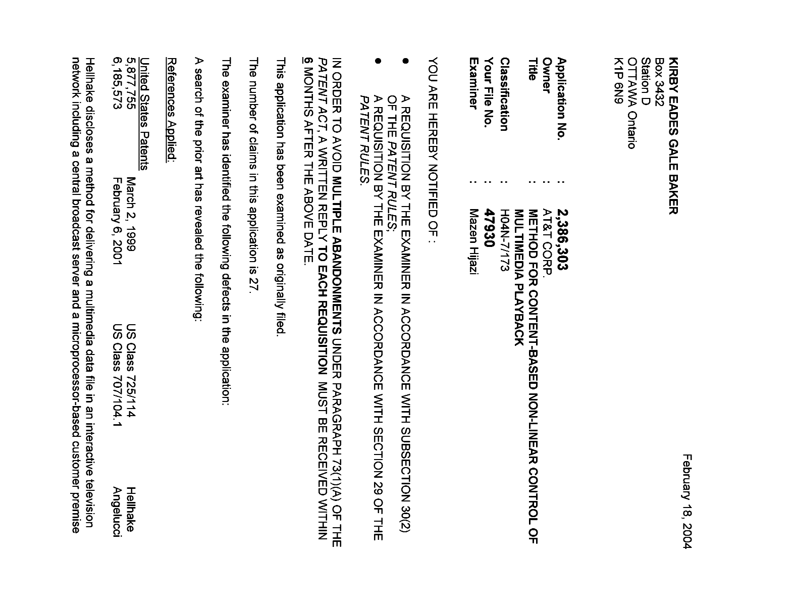 Canadian Patent Document 2386303. Prosecution-Amendment 20040218. Image 1 of 3