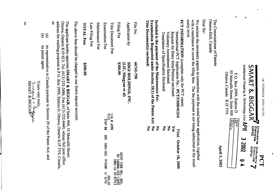 Document de brevet canadien 2386328. Cession 20020403. Image 1 de 3