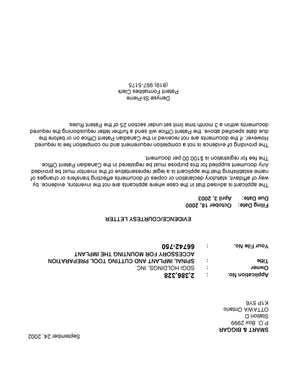 Canadian Patent Document 2386328. Correspondence 20020920. Image 1 of 1