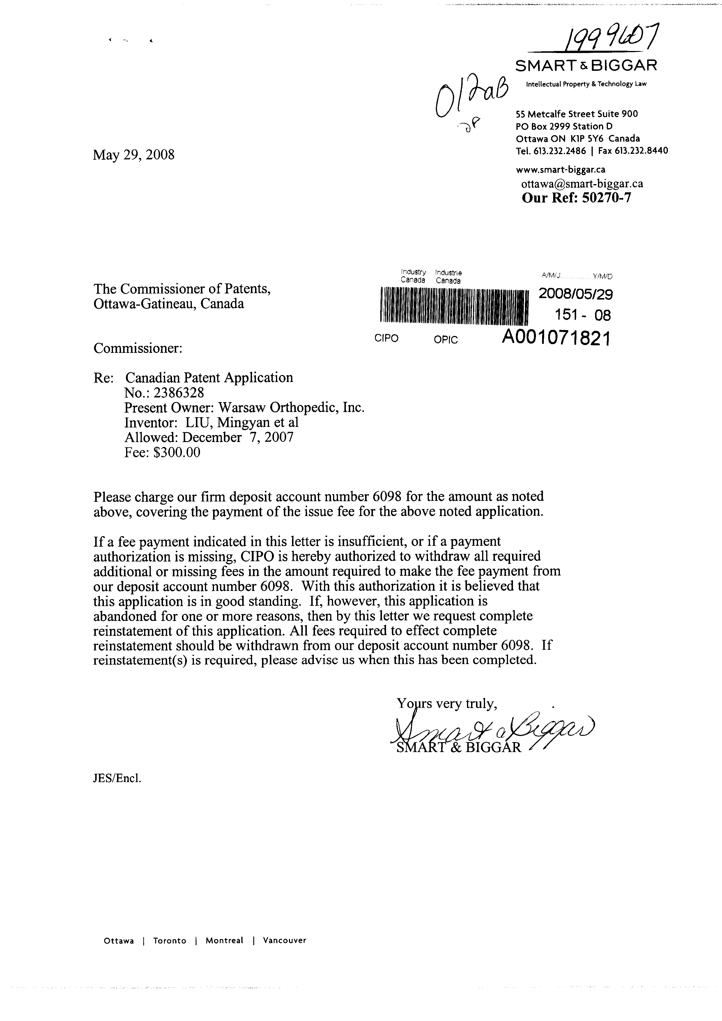 Canadian Patent Document 2386328. Correspondence 20080529. Image 1 of 1