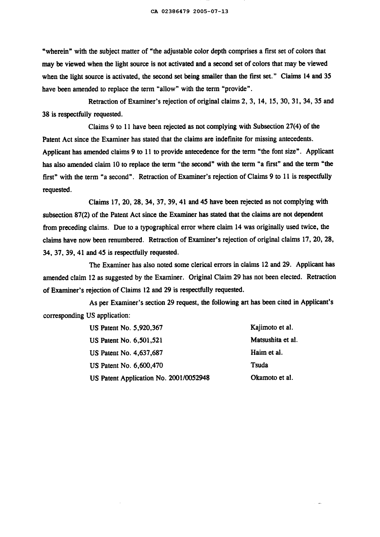 Canadian Patent Document 2386479. Prosecution-Amendment 20050713. Image 2 of 12