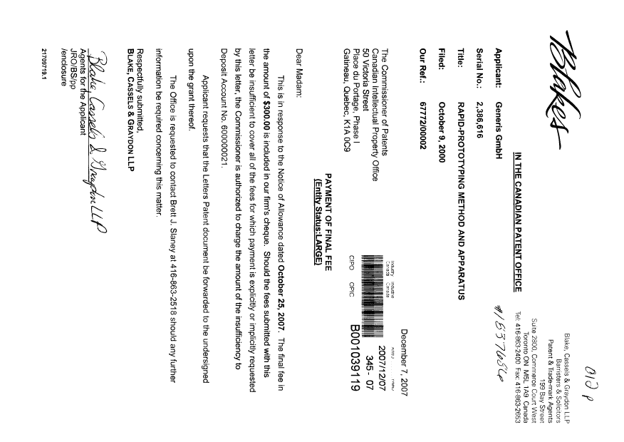 Document de brevet canadien 2386616. Correspondance 20071207. Image 1 de 1