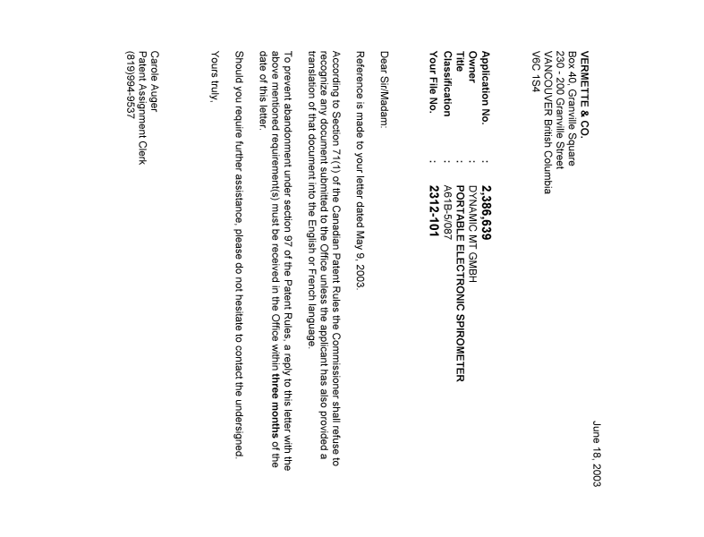 Document de brevet canadien 2386639. Correspondance 20030618. Image 1 de 1