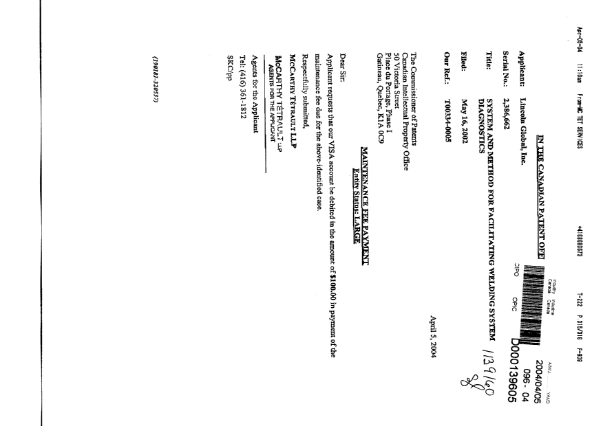 Document de brevet canadien 2386662. Taxes 20040405. Image 1 de 1