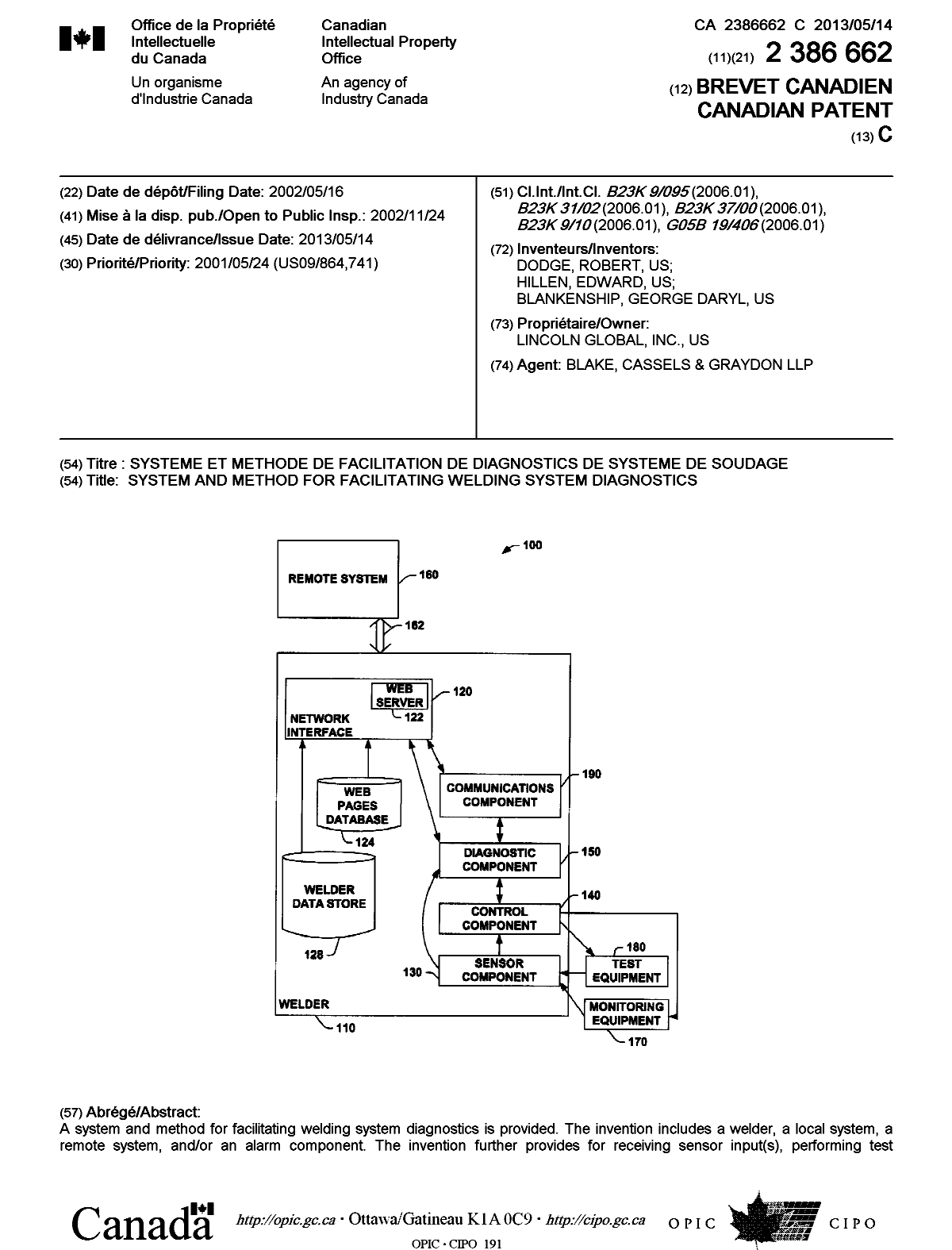 Document de brevet canadien 2386662. Page couverture 20130424. Image 1 de 2