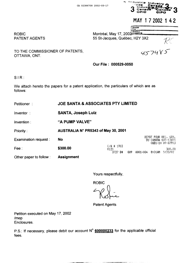 Canadian Patent Document 2386708. Assignment 20020517. Image 1 of 3