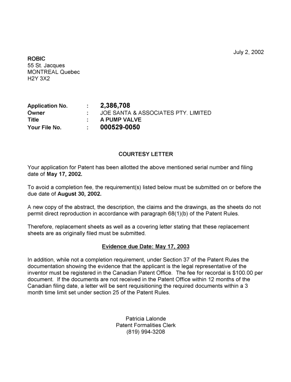 Document de brevet canadien 2386708. Correspondance 20020627. Image 1 de 1