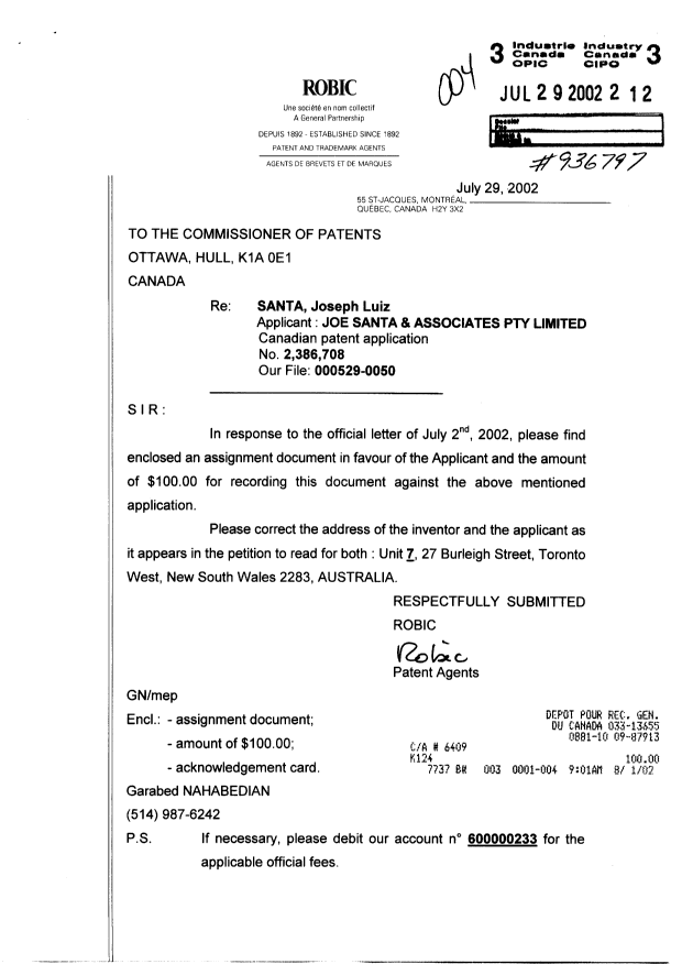 Document de brevet canadien 2386708. Cession 20020729. Image 1 de 2