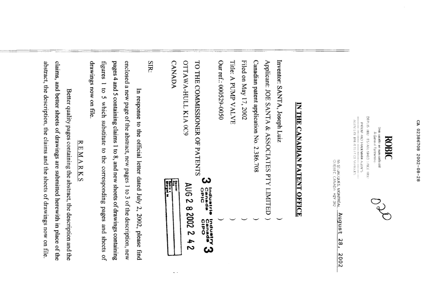 Canadian Patent Document 2386708. Correspondence 20020828. Image 1 of 13