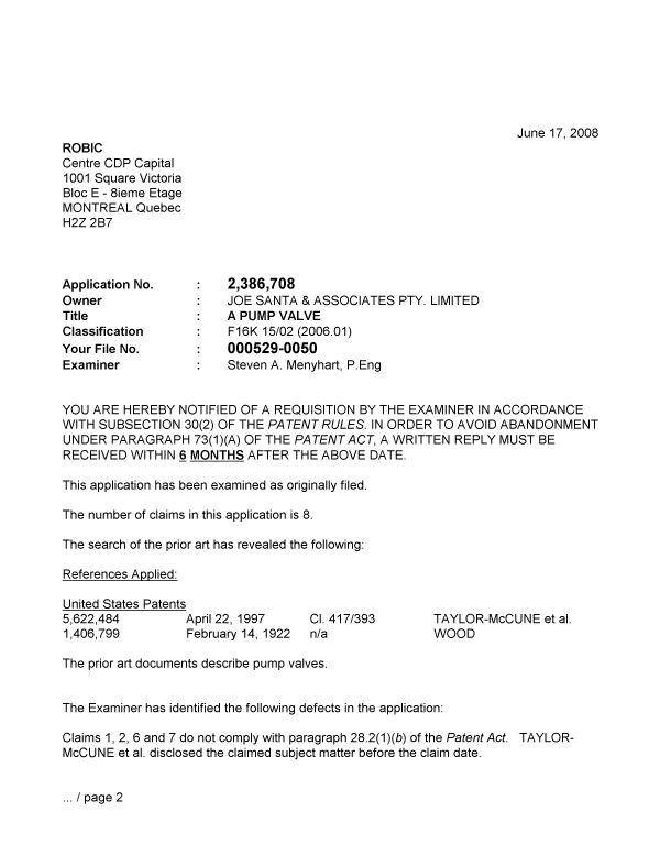 Canadian Patent Document 2386708. Prosecution-Amendment 20080617. Image 1 of 3
