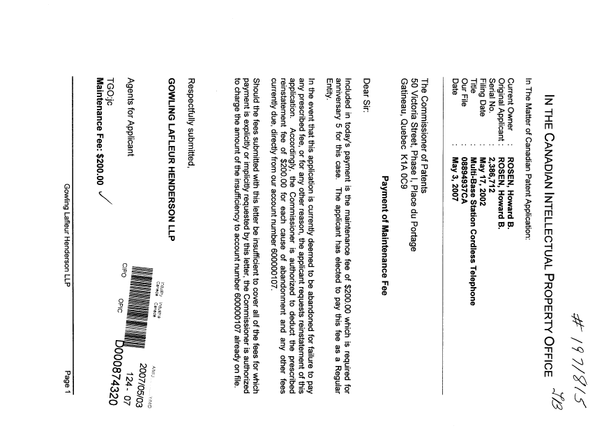 Document de brevet canadien 2386712. Taxes 20070503. Image 1 de 1