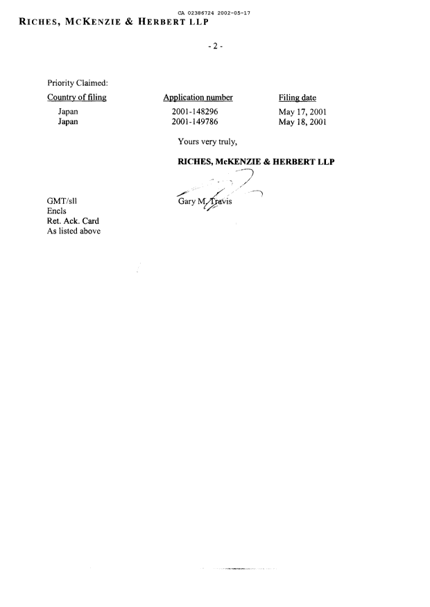Document de brevet canadien 2386724. Cession 20020517. Image 2 de 4
