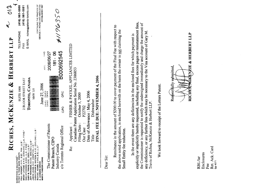 Document de brevet canadien 2386853. Correspondance 20051227. Image 1 de 1