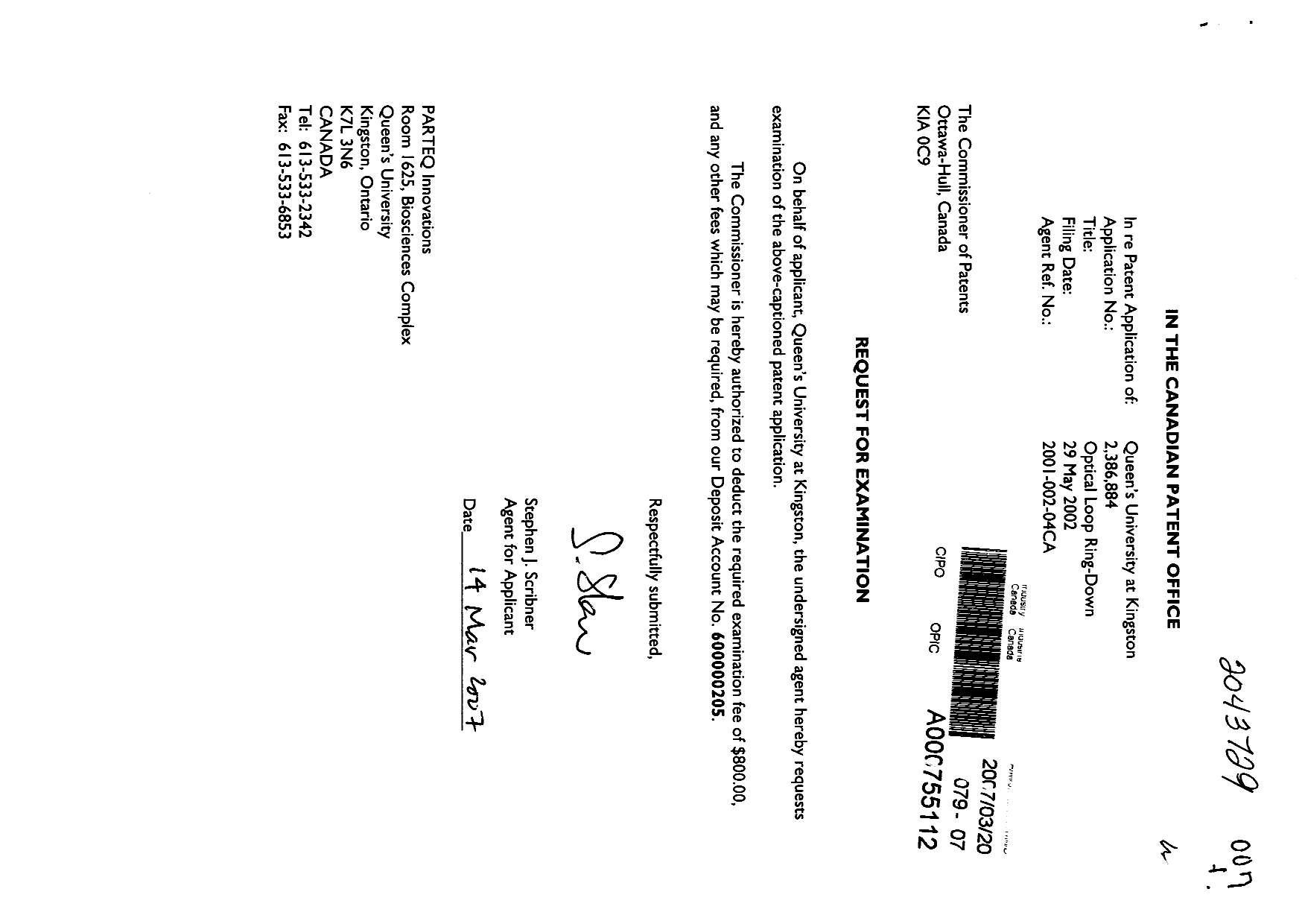 Document de brevet canadien 2386884. Poursuite-Amendment 20061220. Image 1 de 1