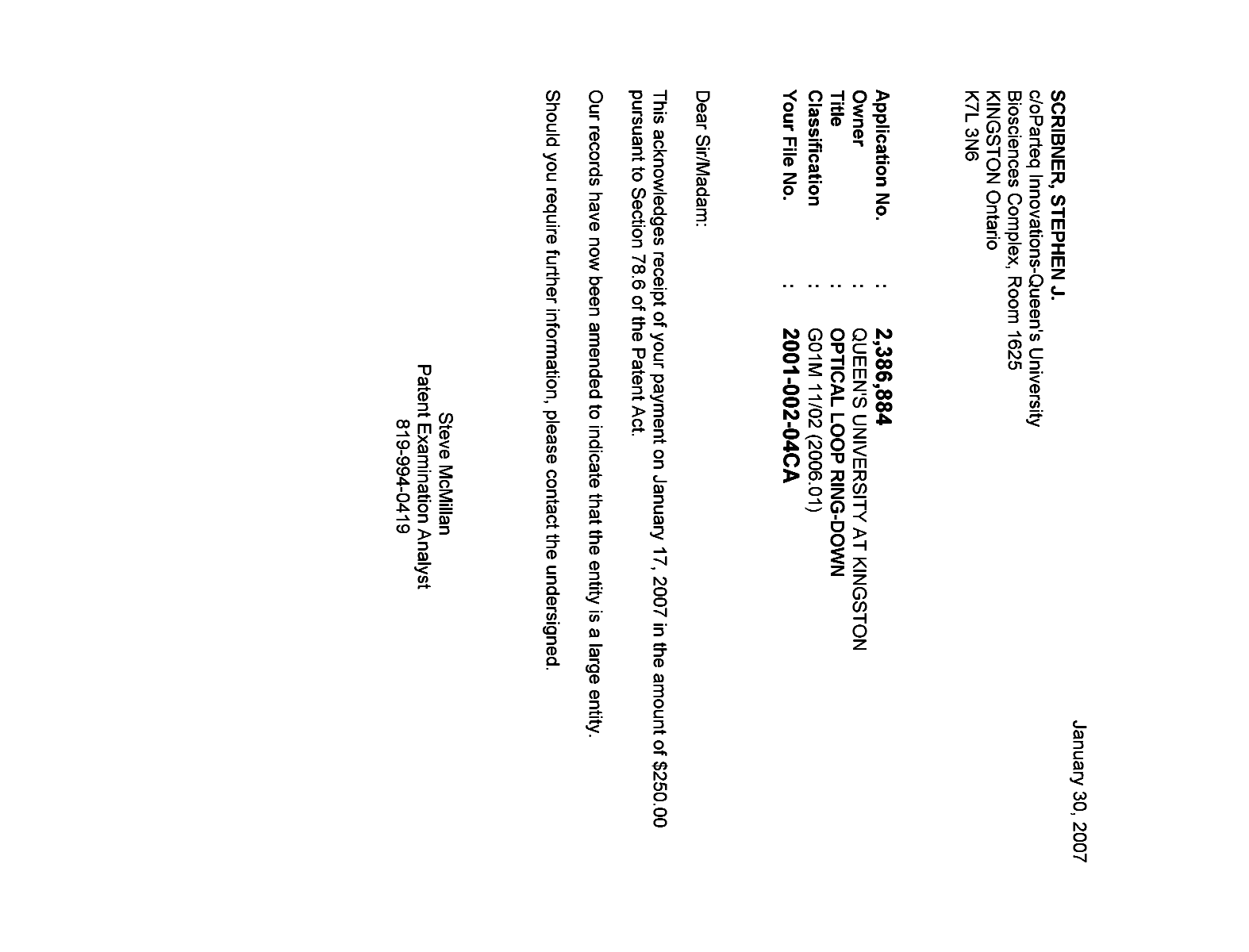 Document de brevet canadien 2386884. Correspondance 20061230. Image 1 de 1