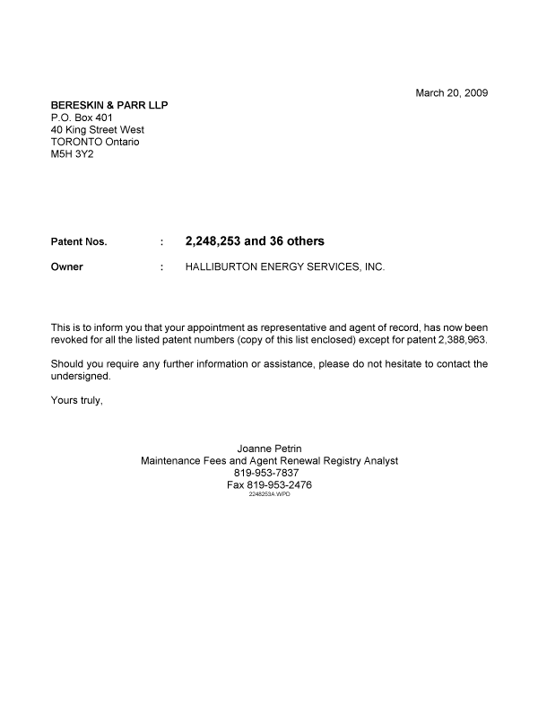 Document de brevet canadien 2386988. Correspondance 20090320. Image 1 de 1