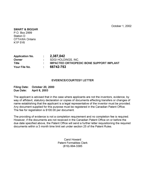 Document de brevet canadien 2387042. Correspondance 20020924. Image 1 de 1