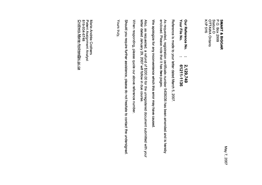 Document de brevet canadien 2387042. Correspondance 20070507. Image 1 de 1