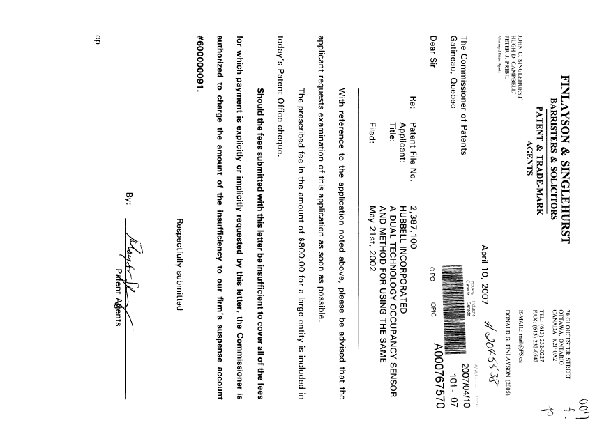 Canadian Patent Document 2387100. Prosecution-Amendment 20070410. Image 1 of 1