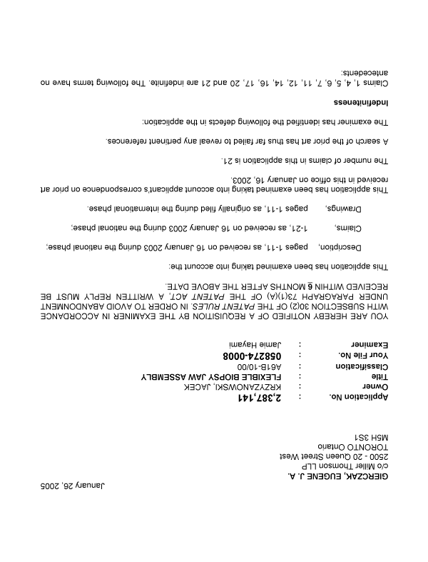 Canadian Patent Document 2387141. Prosecution-Amendment 20050126. Image 1 of 2