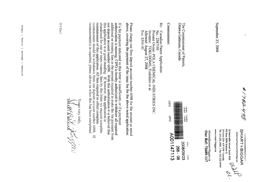 Document de brevet canadien 2387193. Correspondance 20080923. Image 1 de 1