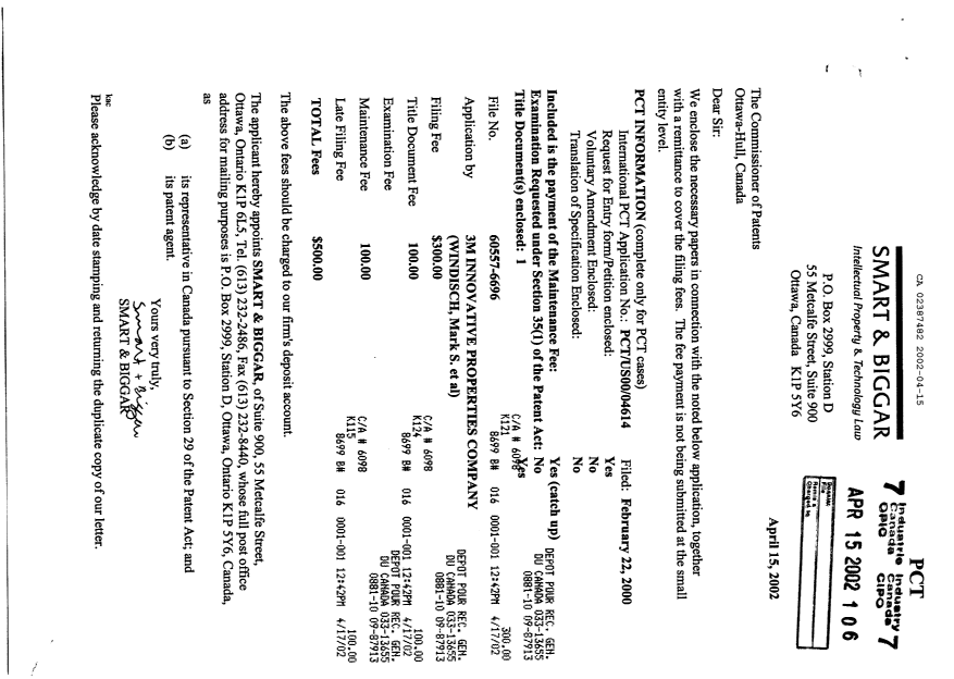 Document de brevet canadien 2387482. Cession 20020415. Image 1 de 5